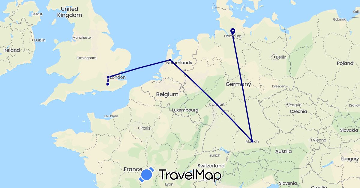 TravelMap itinerary: driving in Germany, United Kingdom, Netherlands (Europe)